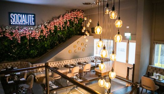 interior of socialite, decorative plants with pink flowers hanging on the wall, a white light logo attached to wall, white charis and brown tables, beautiful lights hanging of celiling