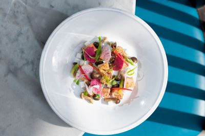 photo of dish served on the white plate with the blue chair in background