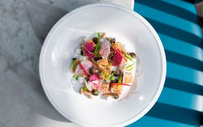 photo of dish served on the white plate with the blue chair in background