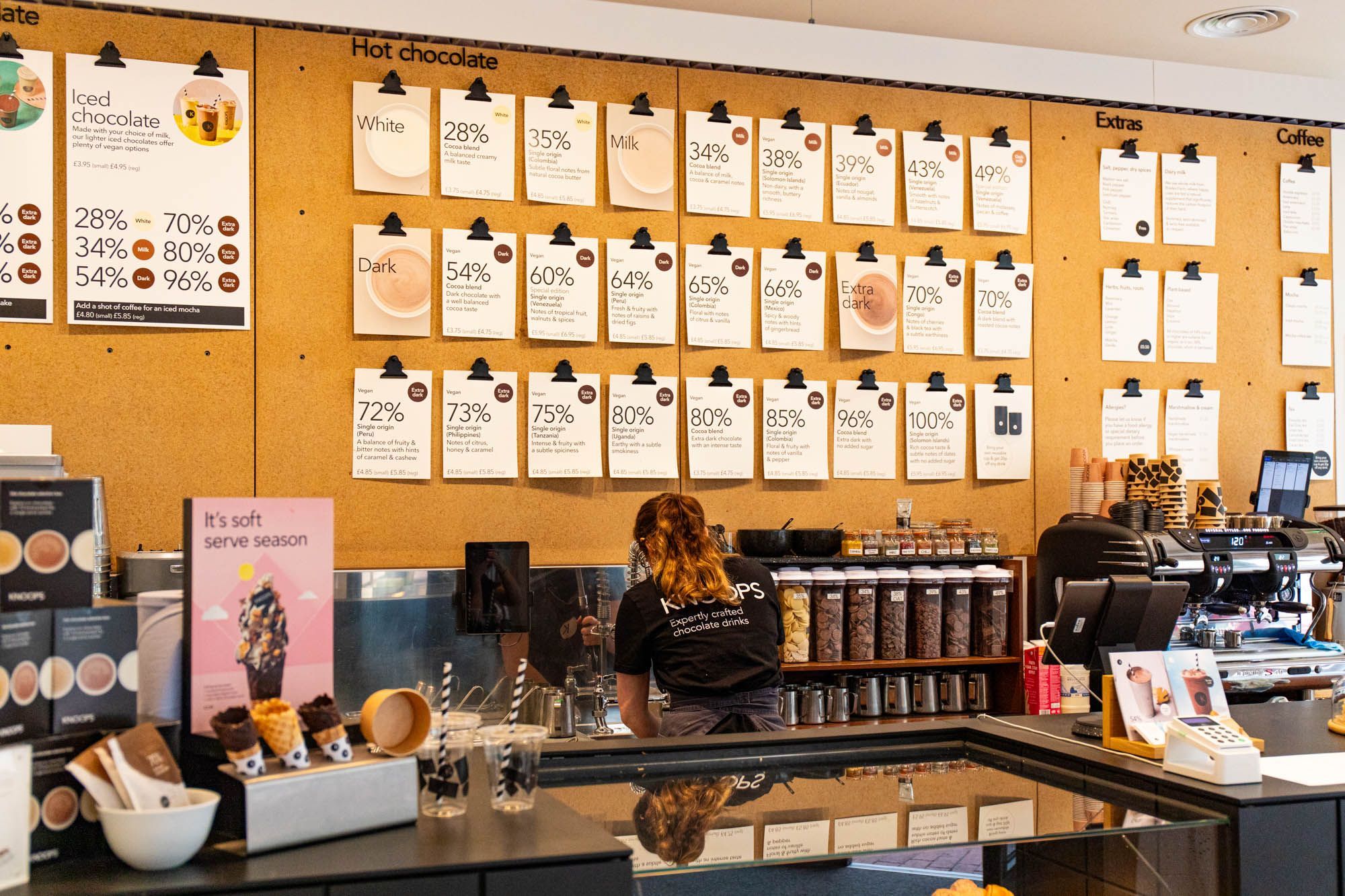 close up shoot of the Knoops drinks serving area, different types of chocolates offered, ice cream options.