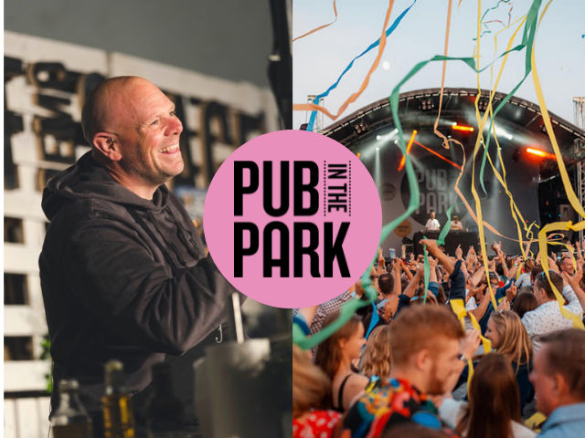 Chef Tom Kerridge and festival goers facing a demonstration stage at Pub in the Park