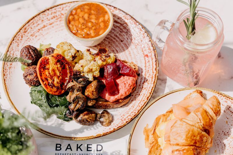 over head shot of the full english breakfast served at Baked Hove