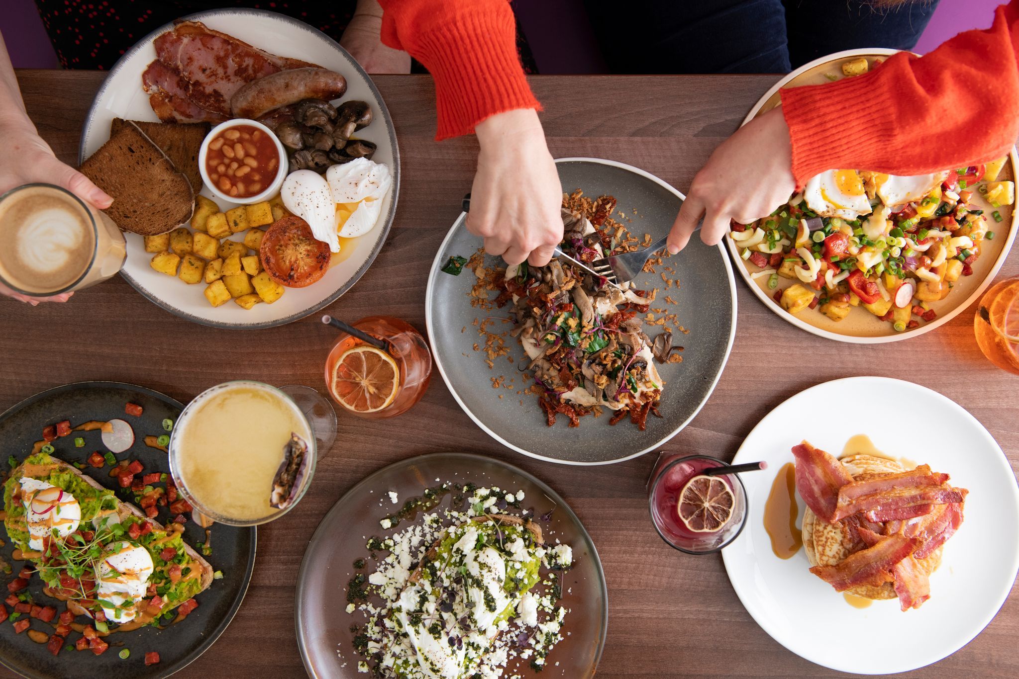 over head shot of table with brunch served