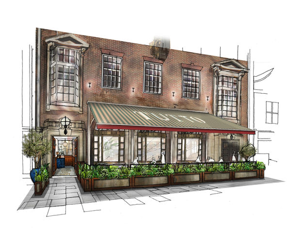 An architect's sketch of a restaurant exterior. A two story red-brick building with large panelled windows and ornate moulding. The middle two-thirds of the exterior has green and white awning with the work TUTTO in white on it and a red trip. The awming covers a closed off terrace dining area surrounded by planters with green folliage.