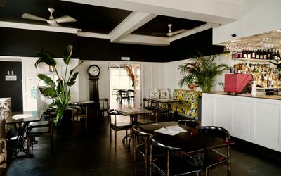interior of the daddylonglegs food and wine pub, white wooden walls, white bar area, dark brown tables and chairs, couple of plants