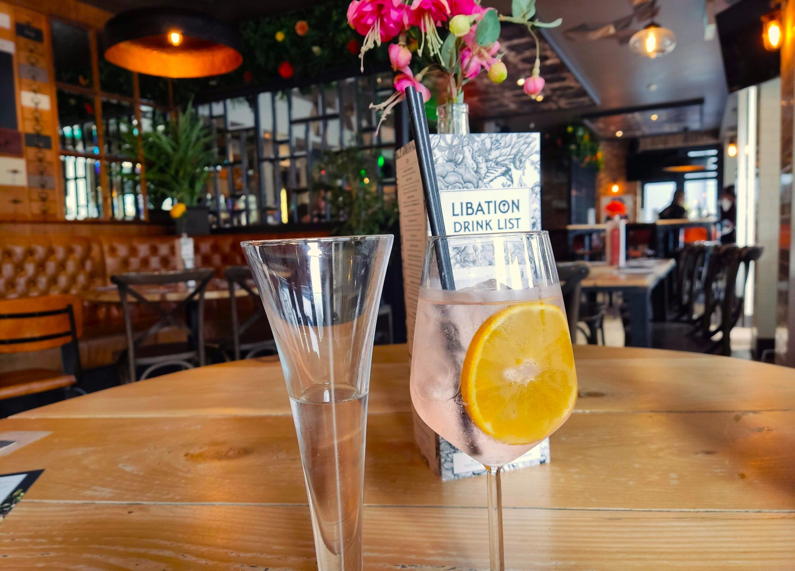 Tropical Spritz, made with Whitley Neil Mango and Lime Gin and Mexican Lime Fever Tree tonic. brunch at Libation bar 