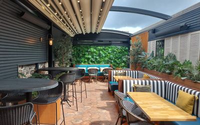 beautiful back garden at the paris wine bar in hove, brown wooden tables with diner seating, bar chairs and tables, green plant wall and ceiling rain cover. Brighton Beer Garden