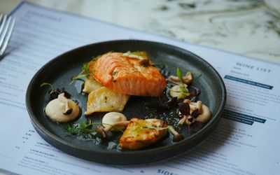 salmon and vegetable dish at Rockwater Hove. part of our fish restaurant Brighton guide. Seafood restaurant on Hove seafront