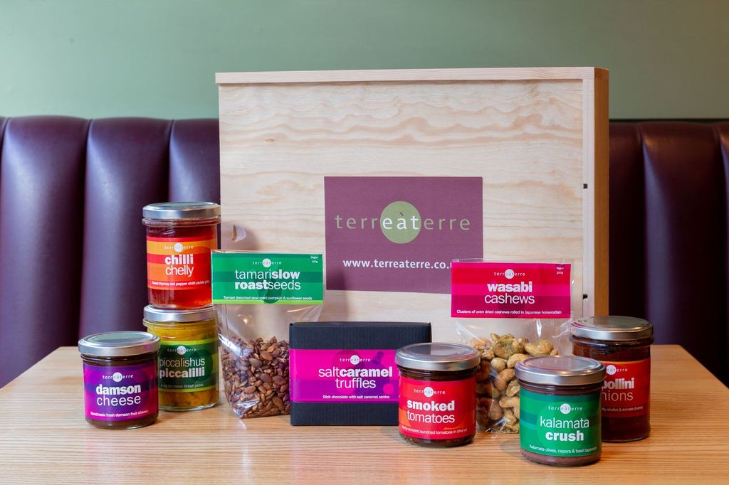 Christmas gift ideas. Pictured, Terre A Terre gift box, which is wooden. Inside a selection of vegetarian foods.