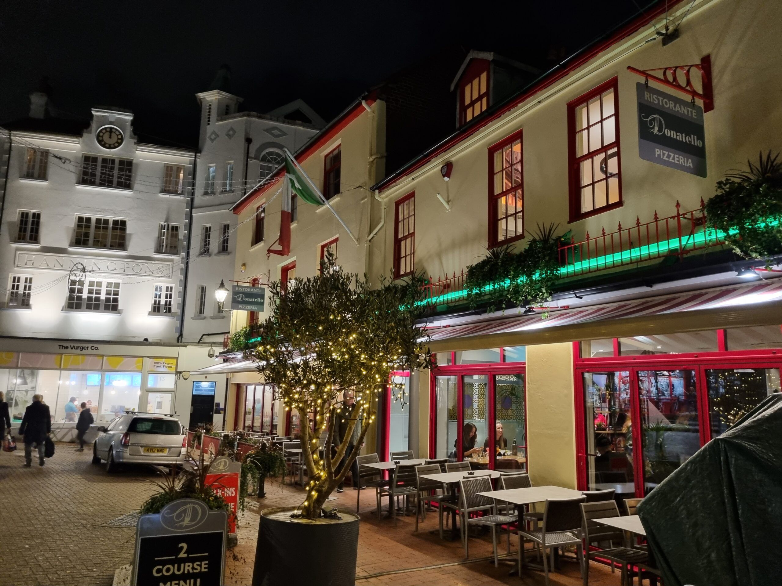 night exterior photo of the Donatello Restaurant. Ladies night at Donatello Restaurant