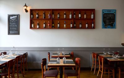 interior shot, wooden tables and chairs, and wine shelves on the wall, Private Dining Brighton, Latino America, romantic restaurants Brighton