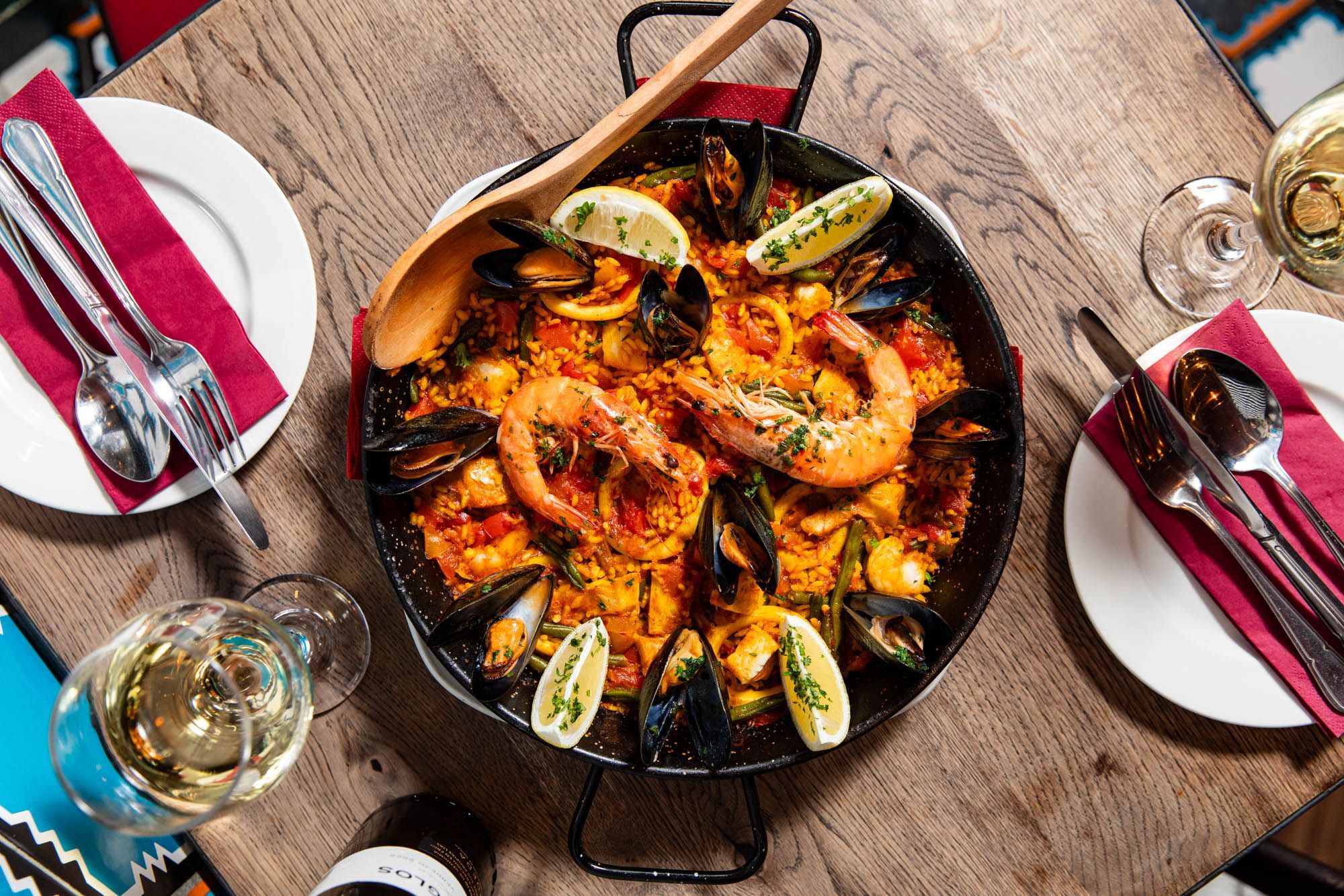 over head shot of the Spanish paella at Tinto Taperia