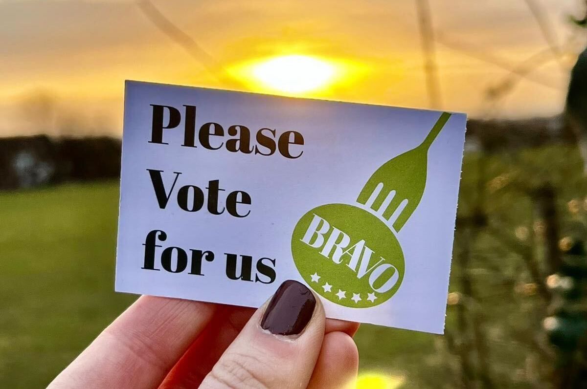 Bravo voting card, vote for us. Green writing on a white card which is business size. A ladies hand holding the card and a sunset