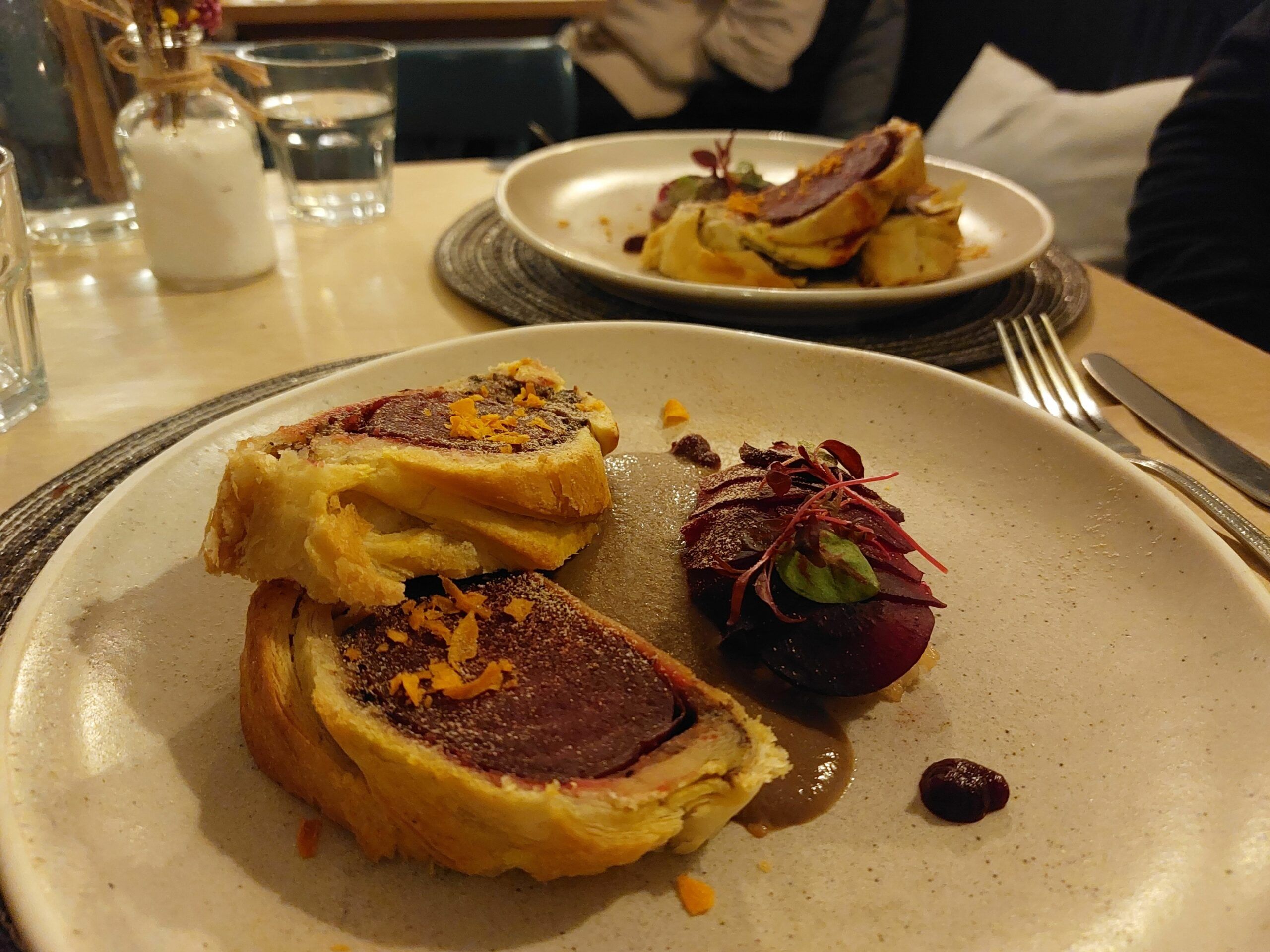 Vegan Seared Scallops and Beet Wellington served at Supper Club at Starfish and Coffee
