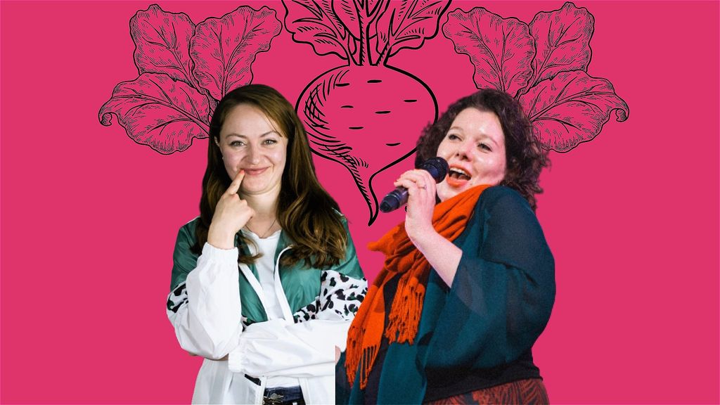 Two women, one with mic on a background of pink with and a turnip