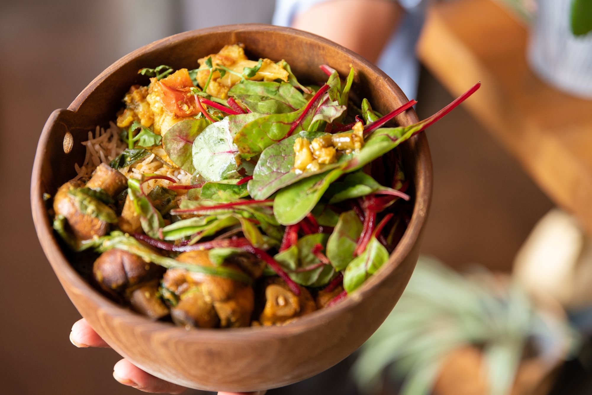 Mushroom & Kale Korma served in brown wooden bowl at Nanima Brighton