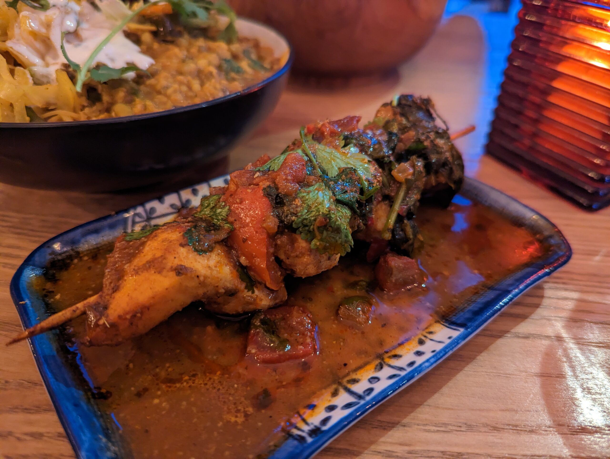 Goan Chicken Kebab skewer served at the dinner in Kemptown