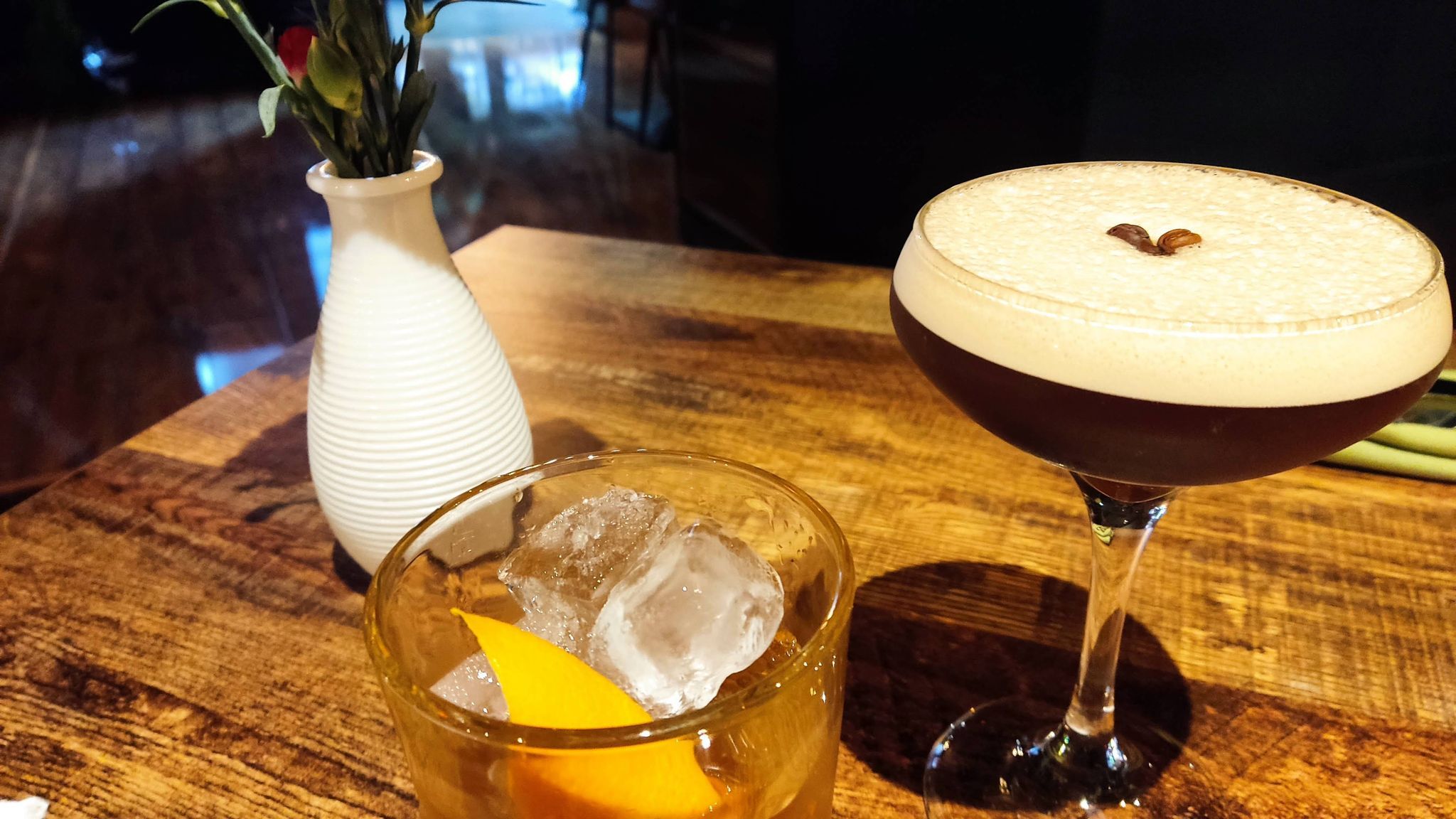Espresso martini and a warming “Bourbon and Blood on the brown table of the new restaurant in Hove