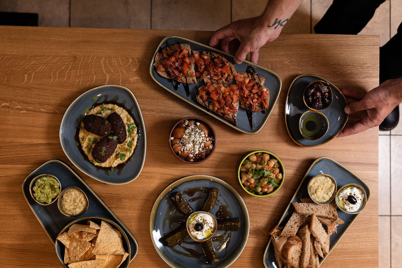 over head shot of the maze food at Vios