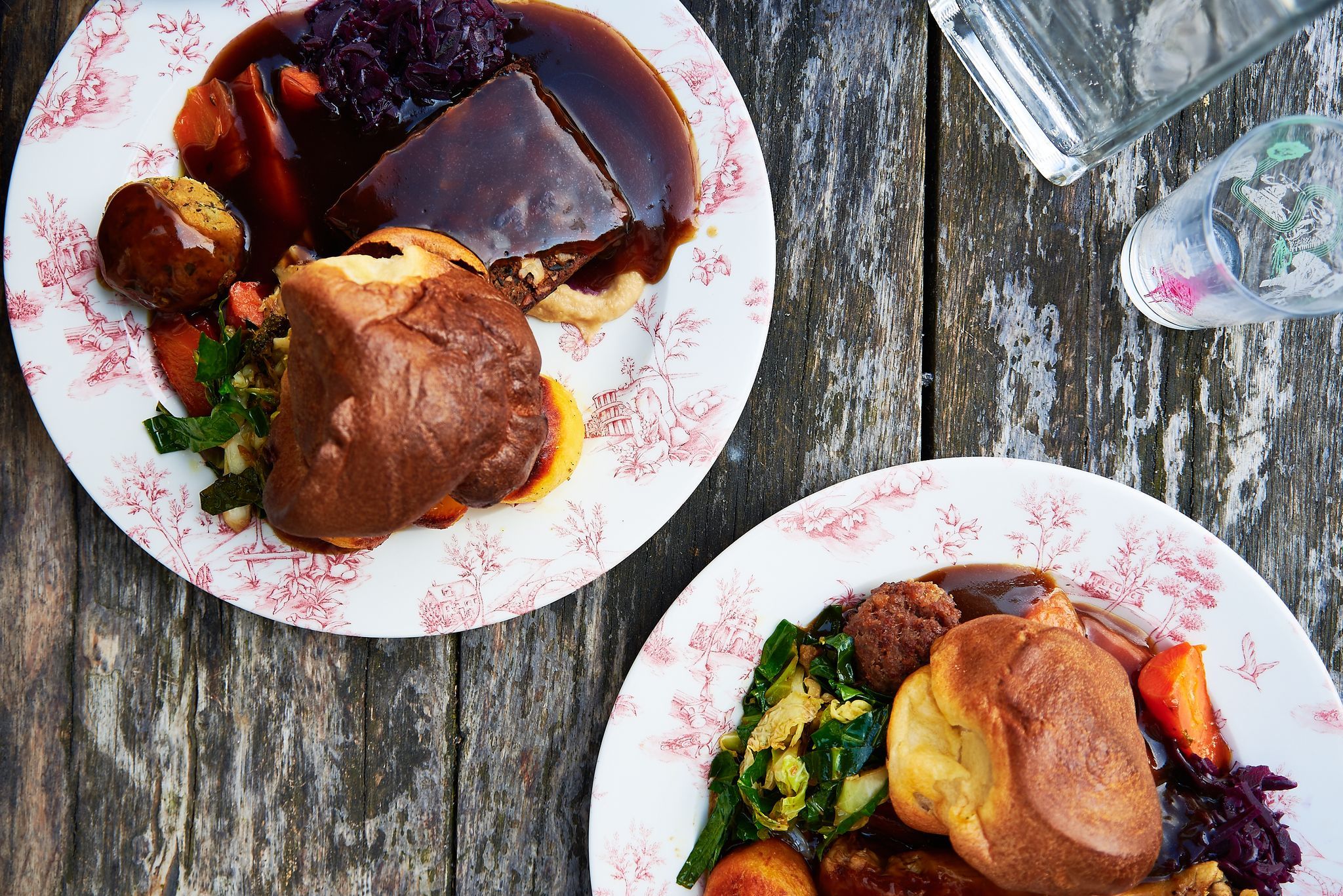 over head shot of the two delicious looking sunday roast