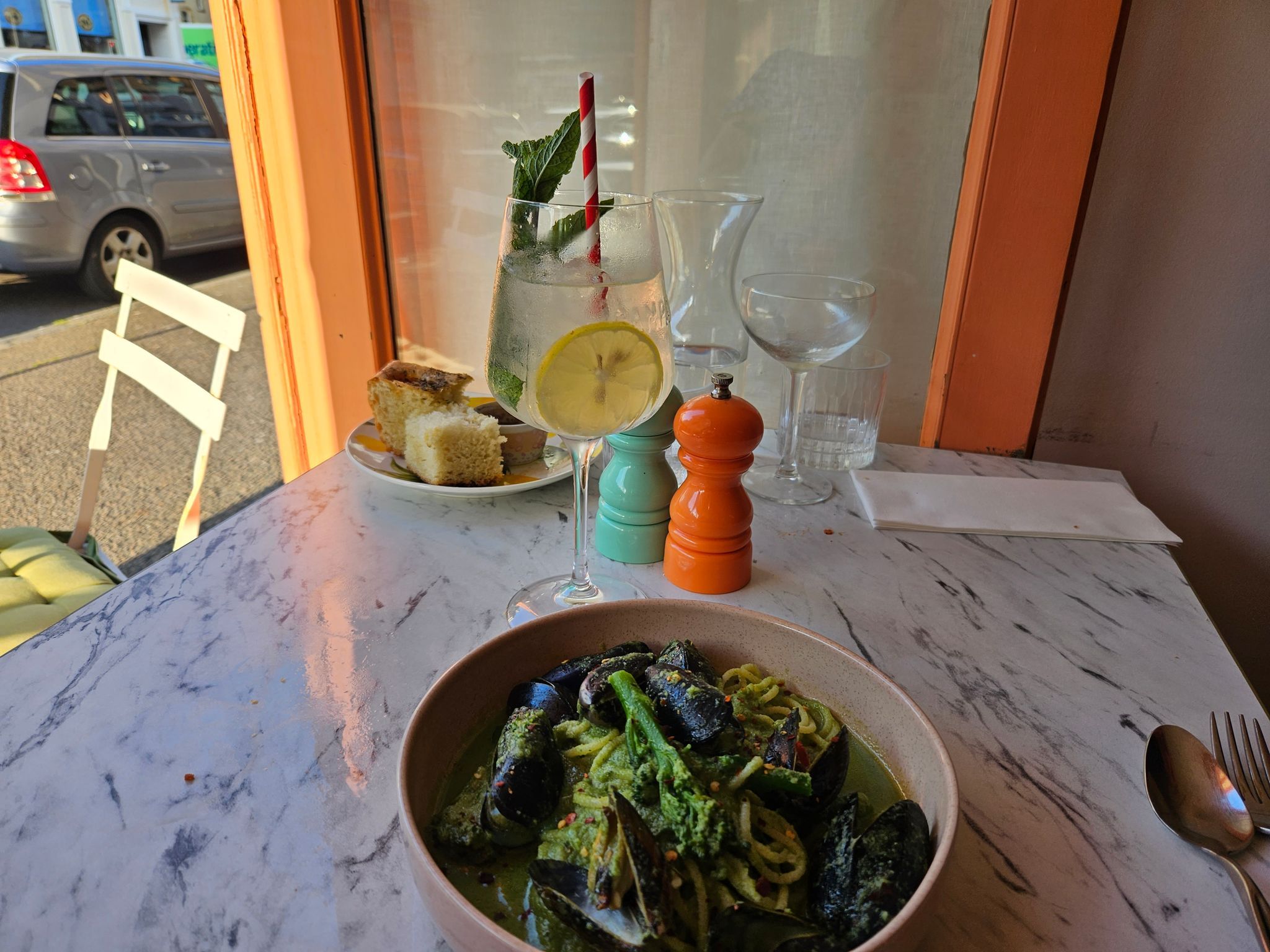 Spaghetti Alle Cozze, handmade pasta tossed with broccoletti, chilli and fresh Sussex mussels. A taste of Italy