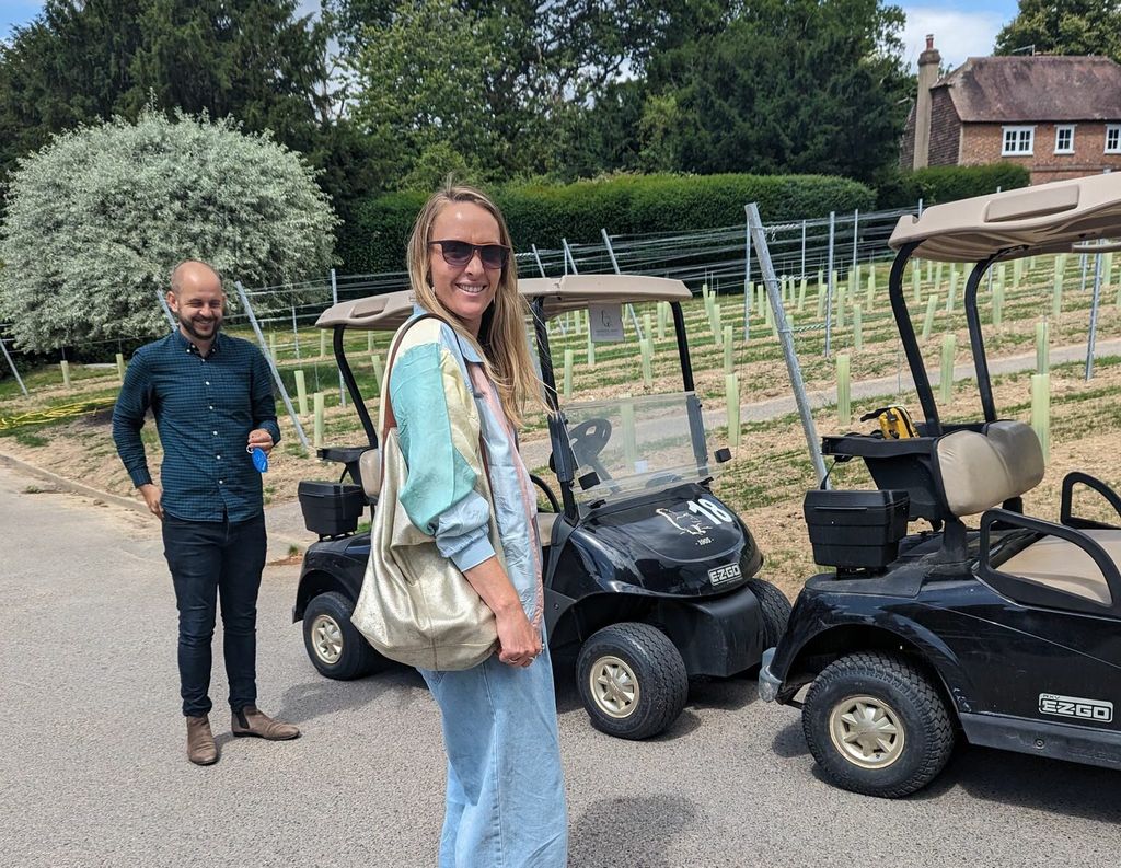 Becs in front of buggy, Sussex Wine