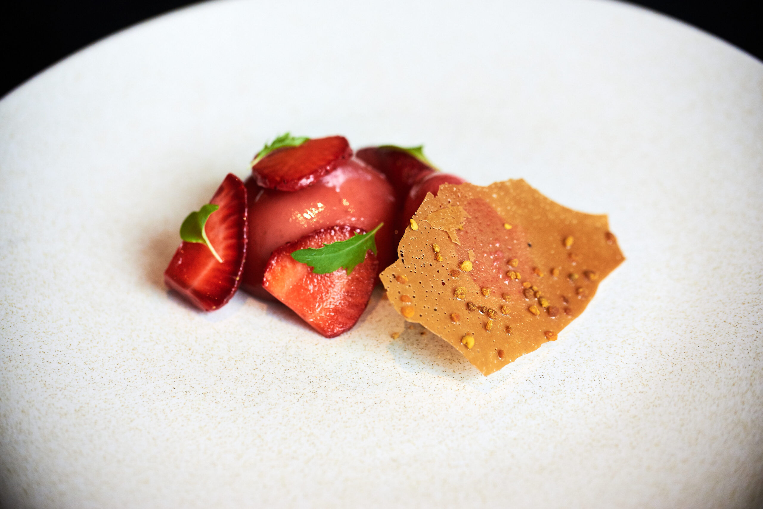Strawberries, ice cream and scone crumb served at the four-course lunch at etch.