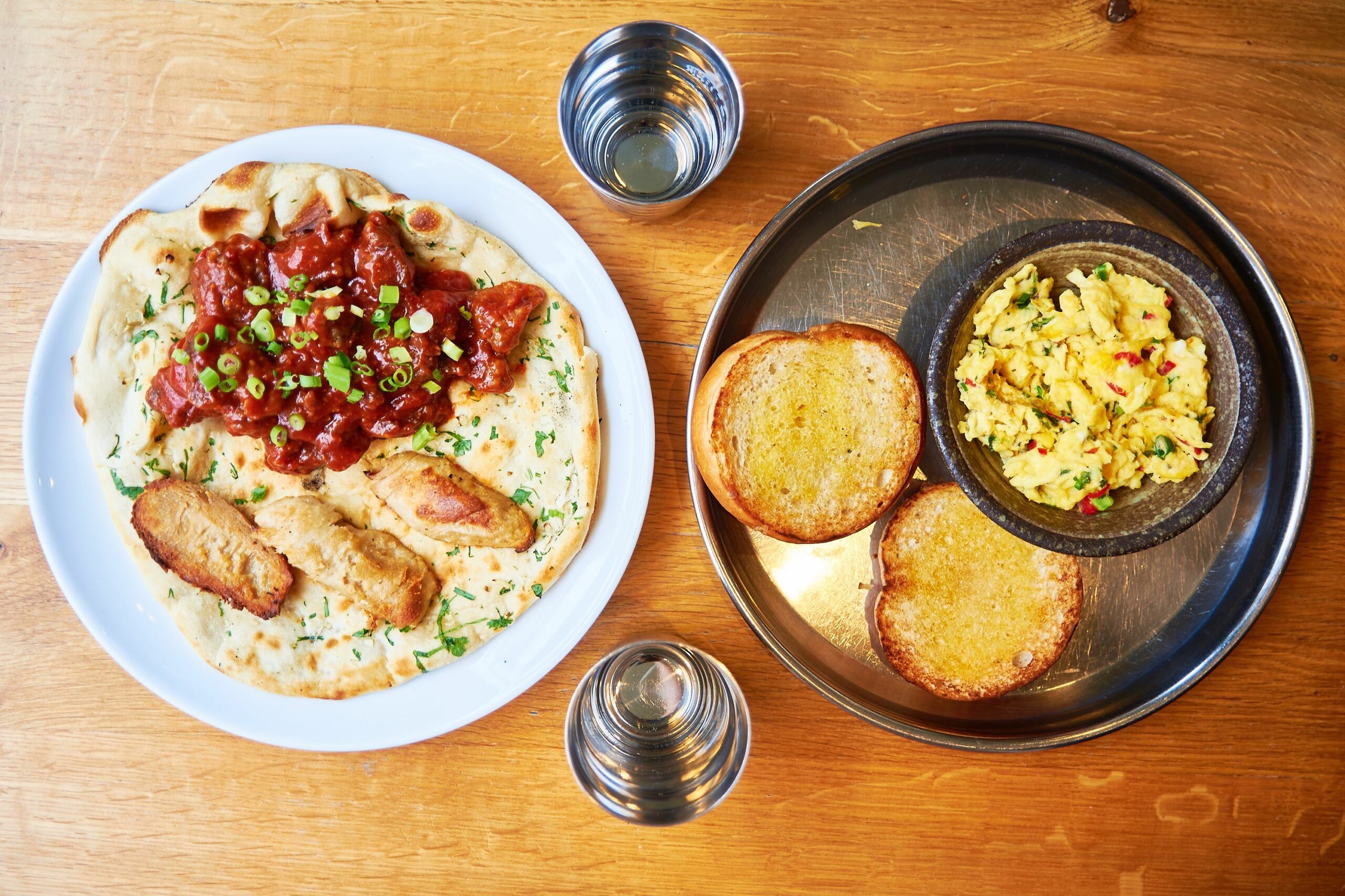 over head shot of the brunch dishes at Curry Leaf