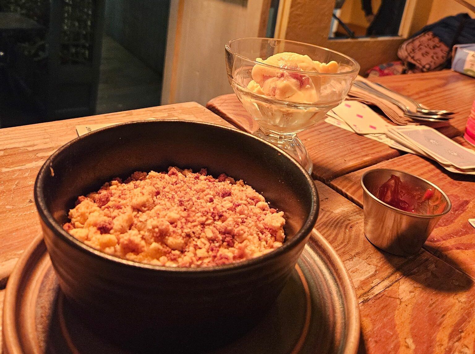 close up shot of the apple crumble dish at The George Payne pub. Fantastic food