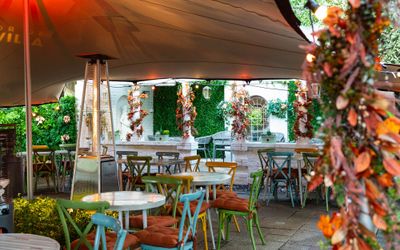 garden shot of Hove Place, with outdoor heaters