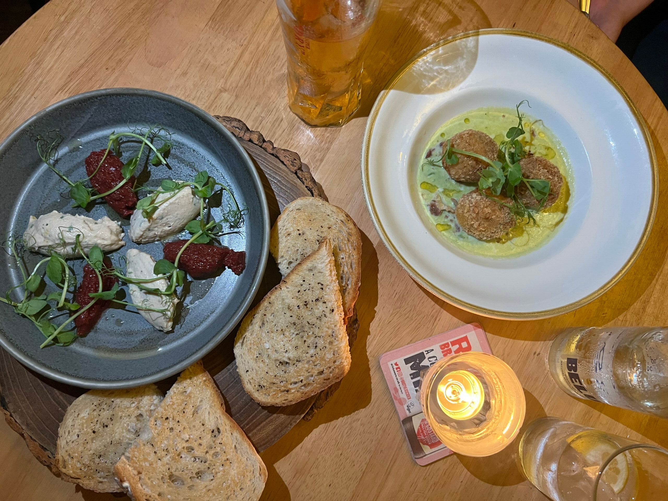 Pancetta and Roquefort Arancini and the Smoked Mackerel Pâté. Pub Classics at The Basketmakers Arms