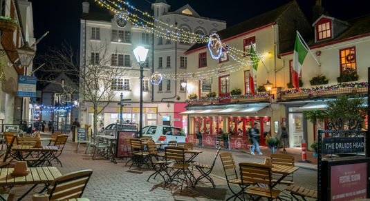 The Lanes all lit up outside Donattellos Italian restaurant - brighton Christmas in the historic Lanes