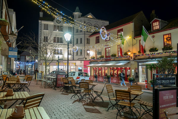 The Lanes all lit up outside Donattellos Italian restaurant - brighton Christmas in the historic Lanes