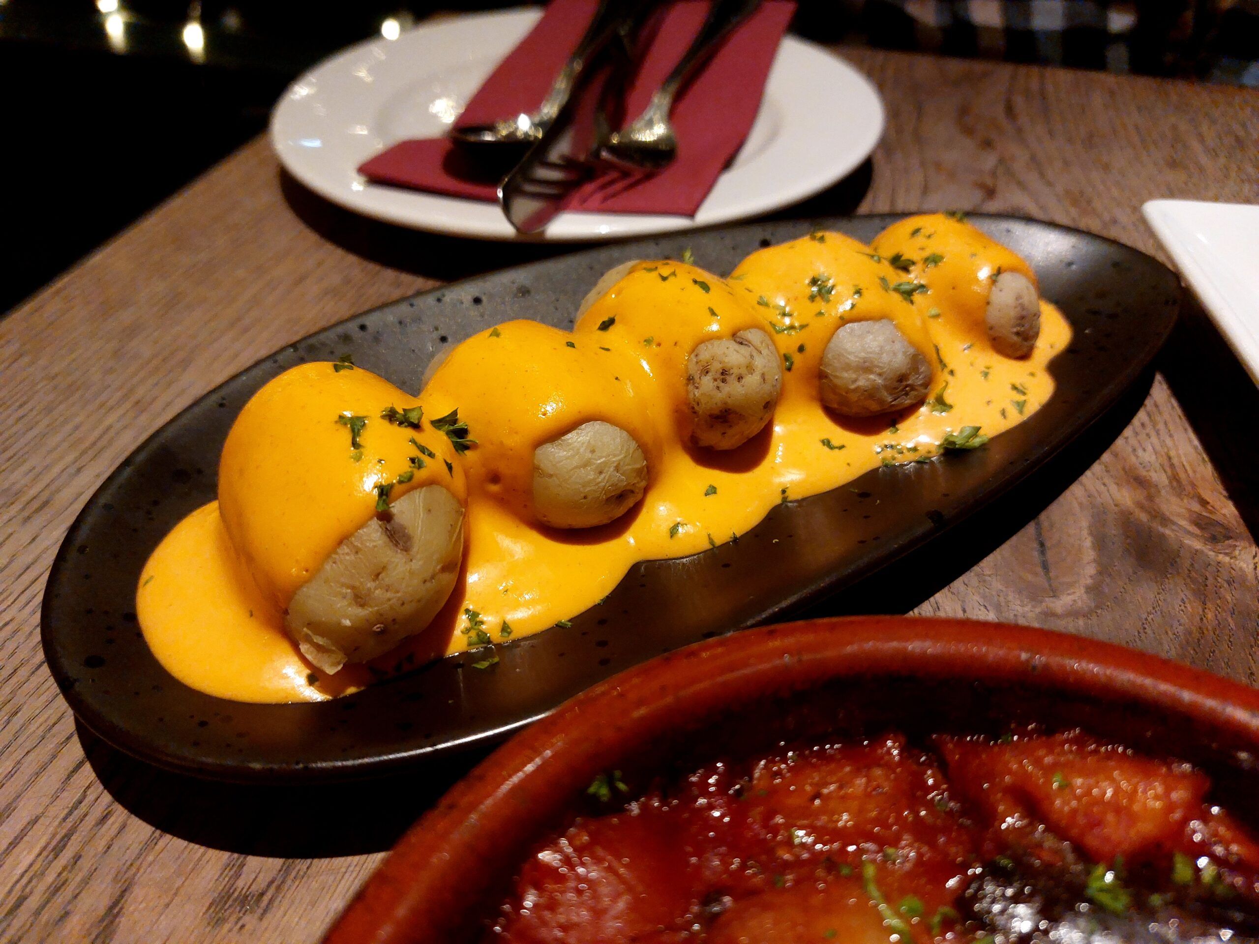 Papas Arrugadas, Canary Island salted new potatoes with Mojo Picon sauce. Vegan tapas experience blog