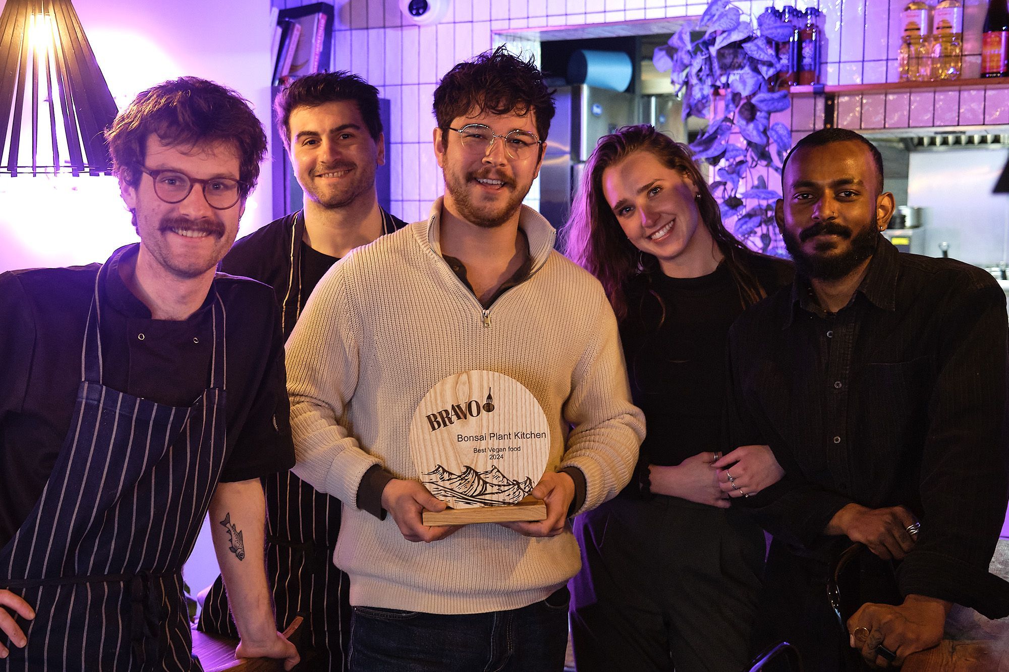 Best Vegan Food Brighton 2024 BRAVO Bonsai. Pictured, Bonsai Plant Kitchen who are located on Baker Street off London Road. Dominic Sherriff and his team proudly showcasing their 2024 BRAVO Award.