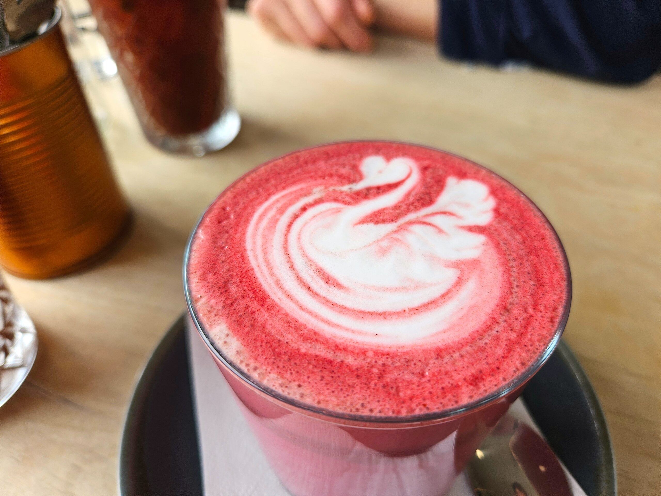 side shot of the pink chai at Starfish and Coffe. Brunch bliss