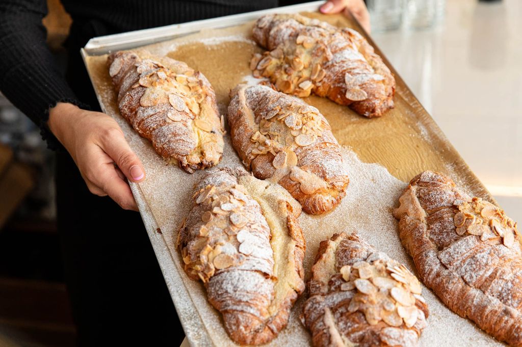 tray with loads of almond croissants at Hove's newest cafe, The Bayon Bakery. Cafe Hove