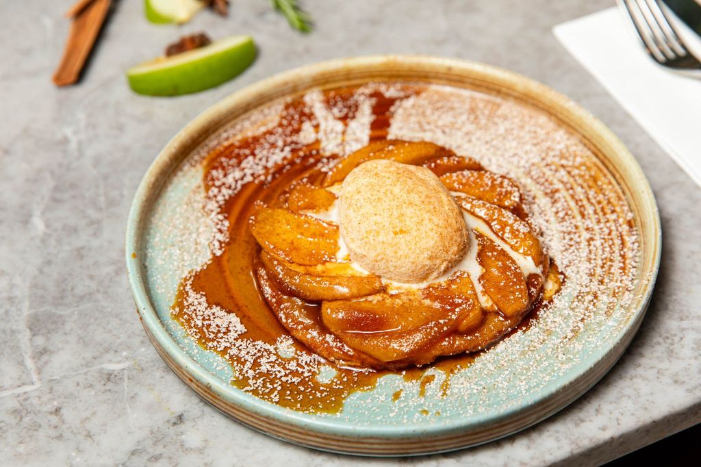 dessert served on light green plate at the Kindling Brighton