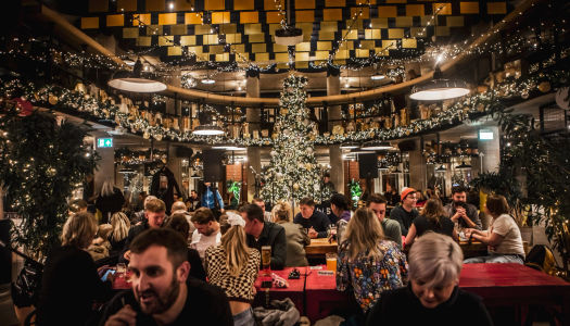 festive decorated main hall at Shelter Hall, Christmas deorations