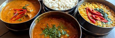 traditional tiffins with a fun roulette (total pot luck) of two curries (you choose meat, vegetarian, or vegan) with rice to share