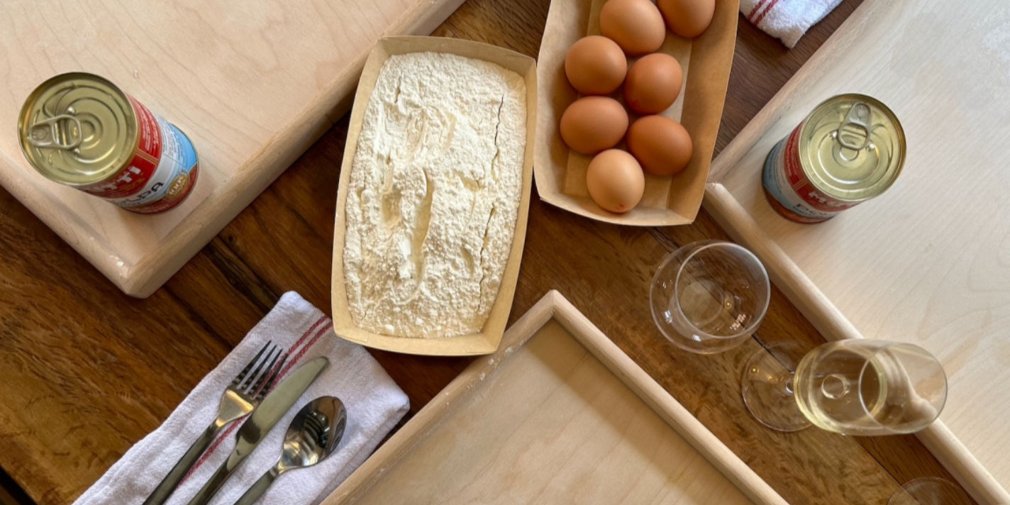 over head shot of flour and eggs, preparation for one of the cooking classes