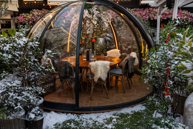 An igloo with a table and chairs inside, decorated with festive decorations and cosy blankets. Outside, the foliage is covered in snow.