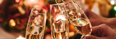 A group of people holding champagne glasses with fairy lights and christmas food int he background.