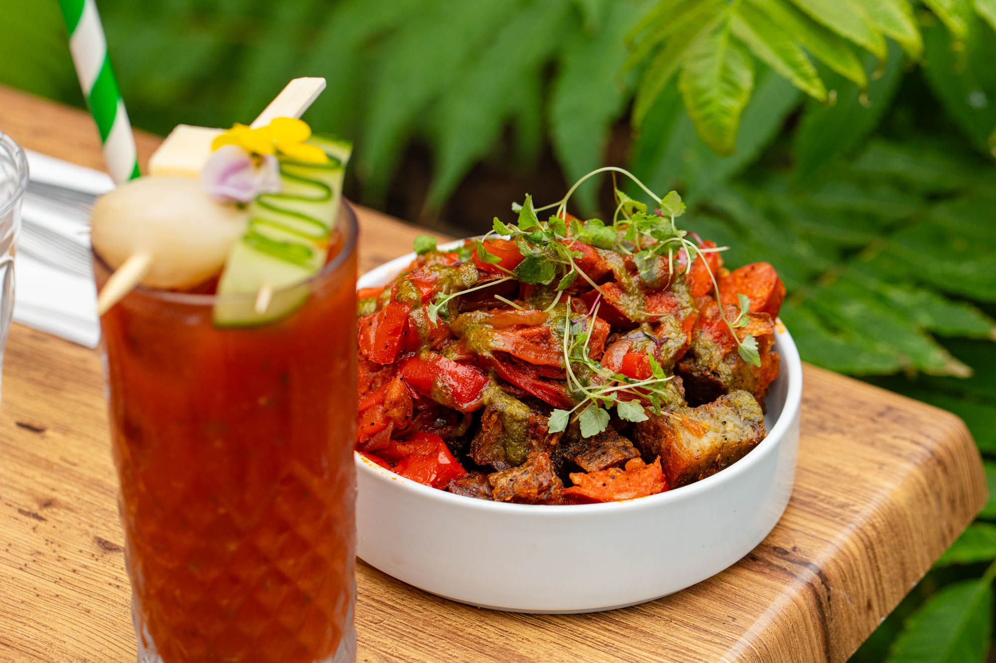 close up shot of the veggie dish served with Bloody Mary