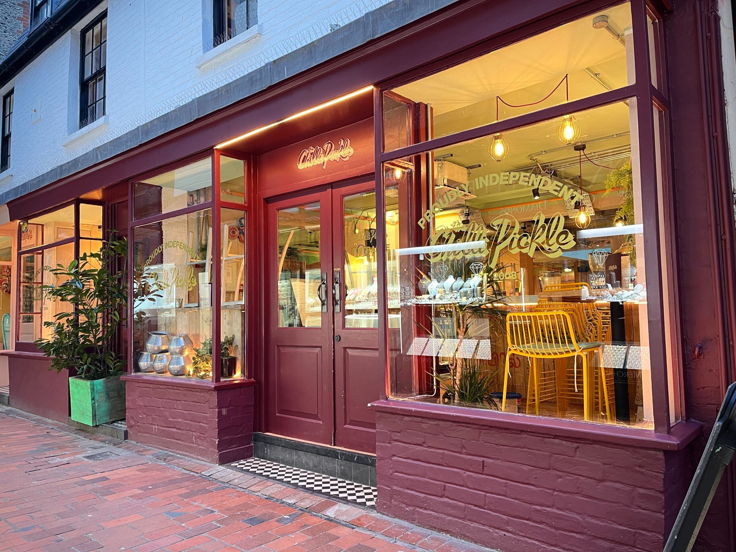 the facade of the award winning Chilli Pickle restaurant in Brighton. New location at Meeting House Lane in The Lanes. Proudly Independent and serving Brighton since 2008.