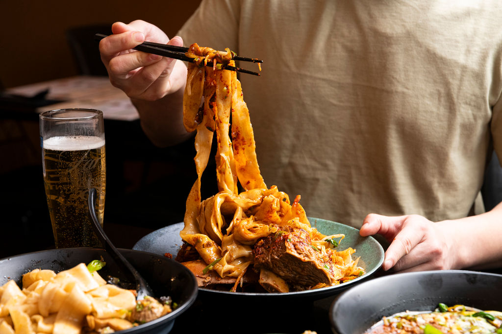 The Biang Biang noodles served with meat at Shaaxni Brighton, located on Preston Street or Restaurant Street.