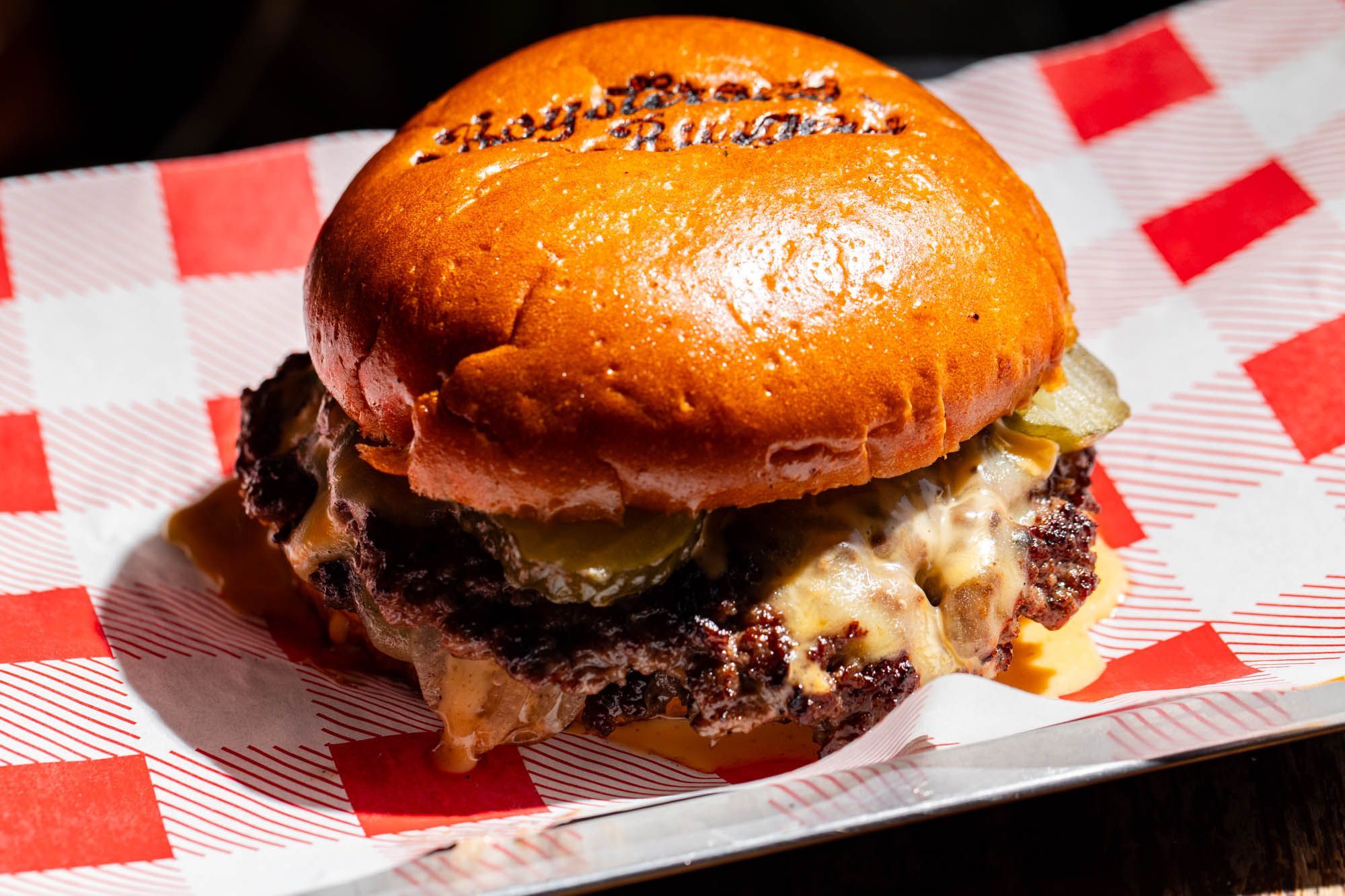 close up shot of the delicious meat burger served at Boysterous Burgers