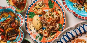 over head shot of the seafood dish served on colouful plate at Tavola di Famiglia