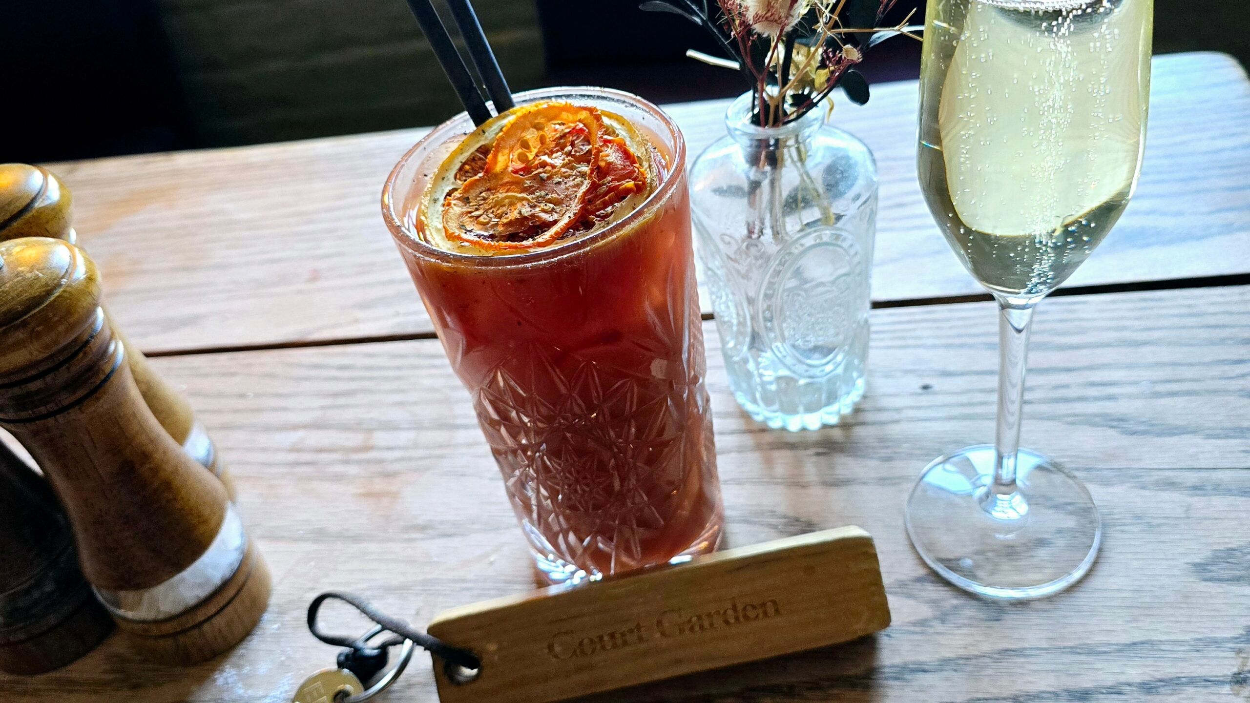 bloody mary with few other drinks on the wooden table of Jolly Sportsman