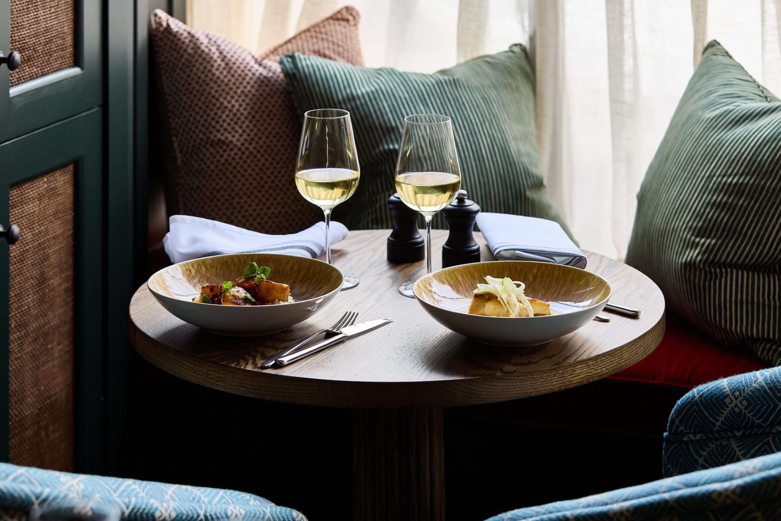 Hallibut & scallops cosy corner at the Le Flamant
